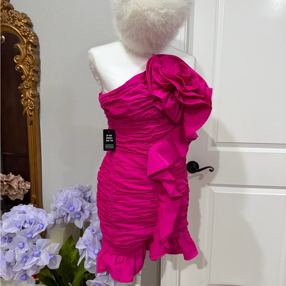 Express Fuchsia One-Shoulder Ruffled Prom Dress - Picture 2 of 3
